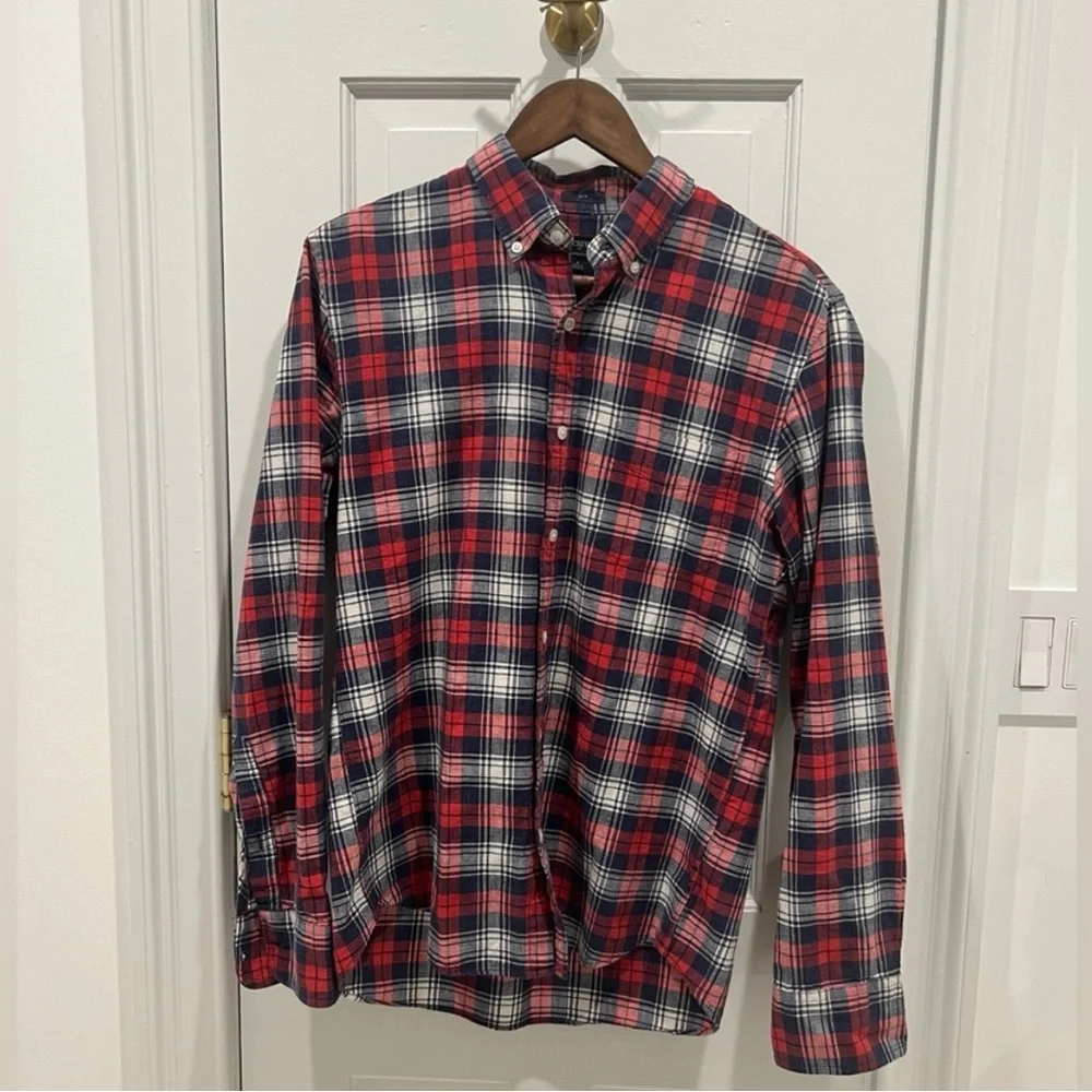 J.Crew Men’s Slim Fit Plaid Flannel Shirt Red Navy White Size Medium